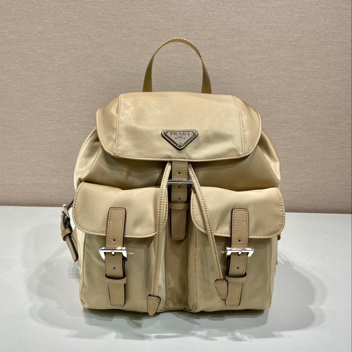 PRADA SMALL BACKPACK 28 IN SHOELACE BEIGE PARACHUTE FABRIC