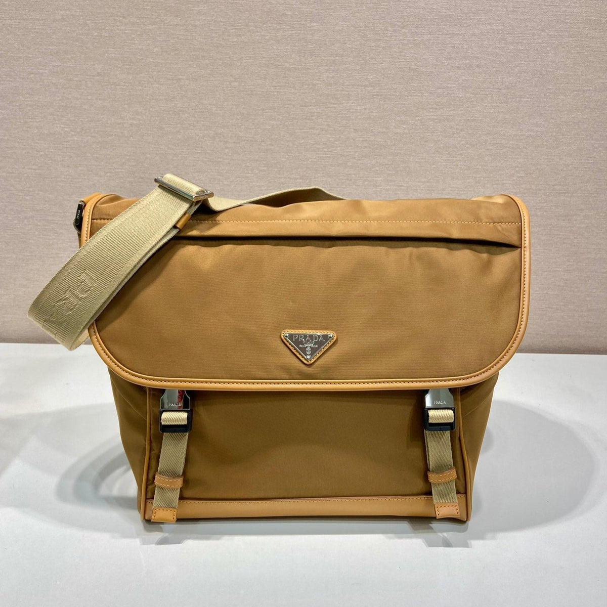 PRADA LARGE FLAP BAG 30 IN CIDER BROWN RE-NYLON AND CALFSKIN TRIM