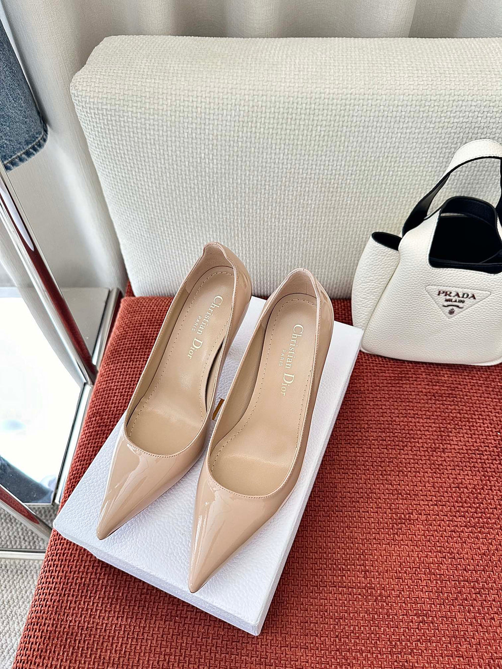 DIOR TRIBALES HIGH HEELS 80 MM 25S IN BEIGE GLOSSY LEATHER
