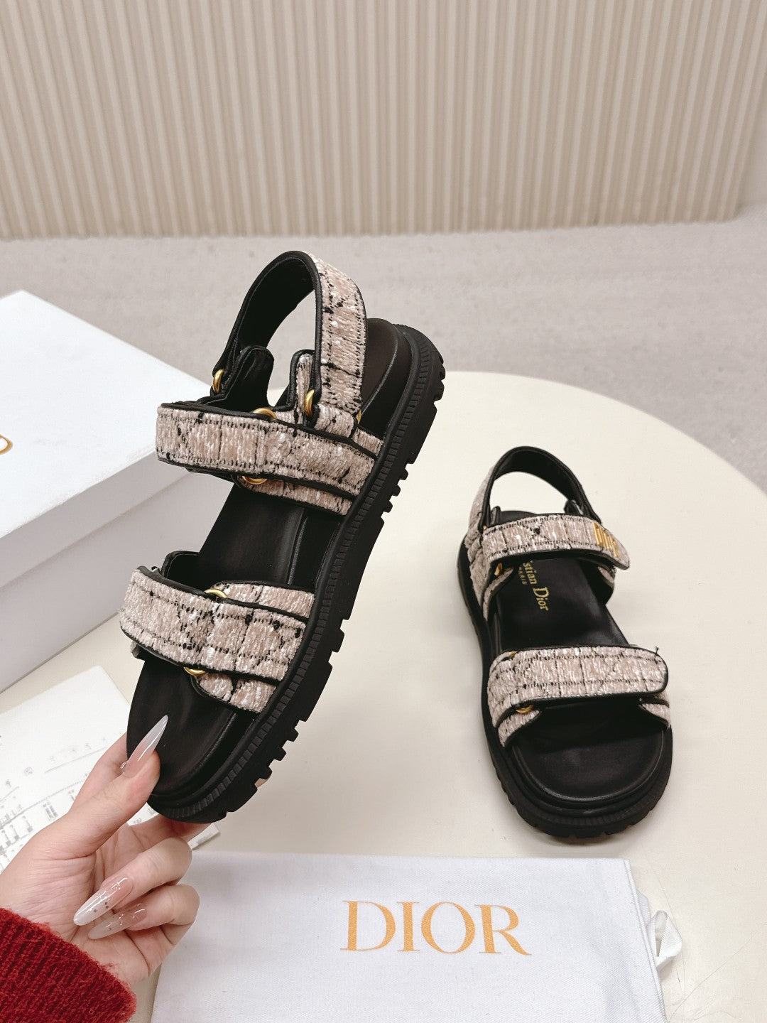 DIOR BACK-STRAP SANDALS 25S IN SOFT ROSE BEIGE TWEED AND BLACK CALFSKIN