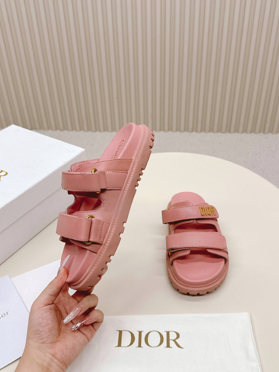 DIOR CLASSIC DOUBLE-STRAP SLIDES 25S IN PEACHY PINK CALFSKIN