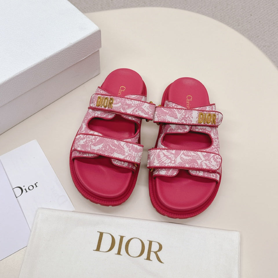 DIOR CLASSIC DOUBLE-STRAP SLIDES 25S IN DARK PINK FABRIC AND CALFSKIN