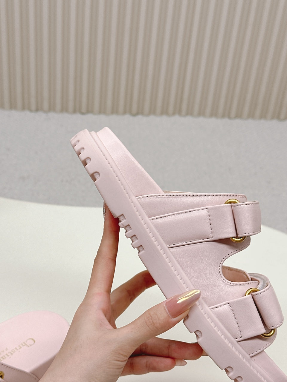 DIOR CLASSIC DOUBLE-STRAP SLIDES 25S IN PASTEL PINK CALFSKIN WITH GOLD HARDWARE
