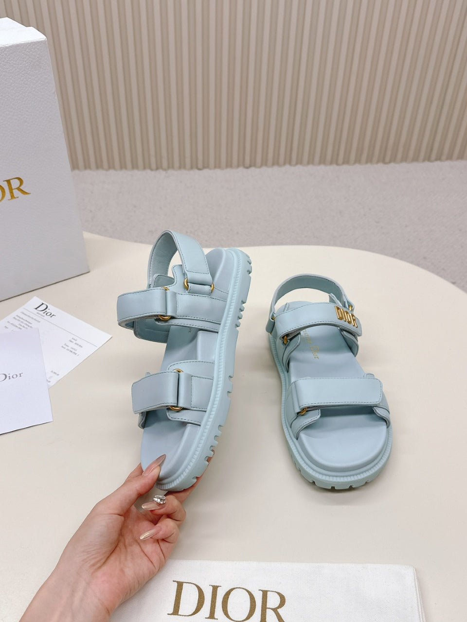 DIOR BACK-STRAP SANDALS 25S IN PASTEL BLUE CALFSKIN WITH GOLD HARDWARE