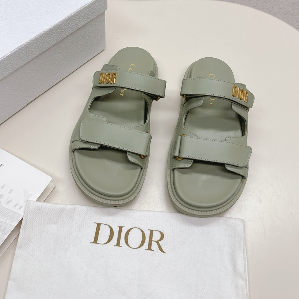 DIOR CLASSIC DOUBLE-STRAP SLIDES 25S IN LIGHT MOSS GREEN CALFSKIN