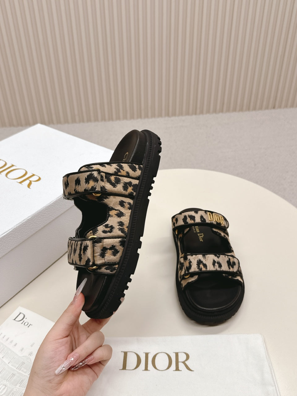DIOR CLASSIC DOUBLE-STRAP SLIDES 25S IN BROWN MIX BLACK FABRIC AND CALFSKIN WITH LEOPARD PRINT