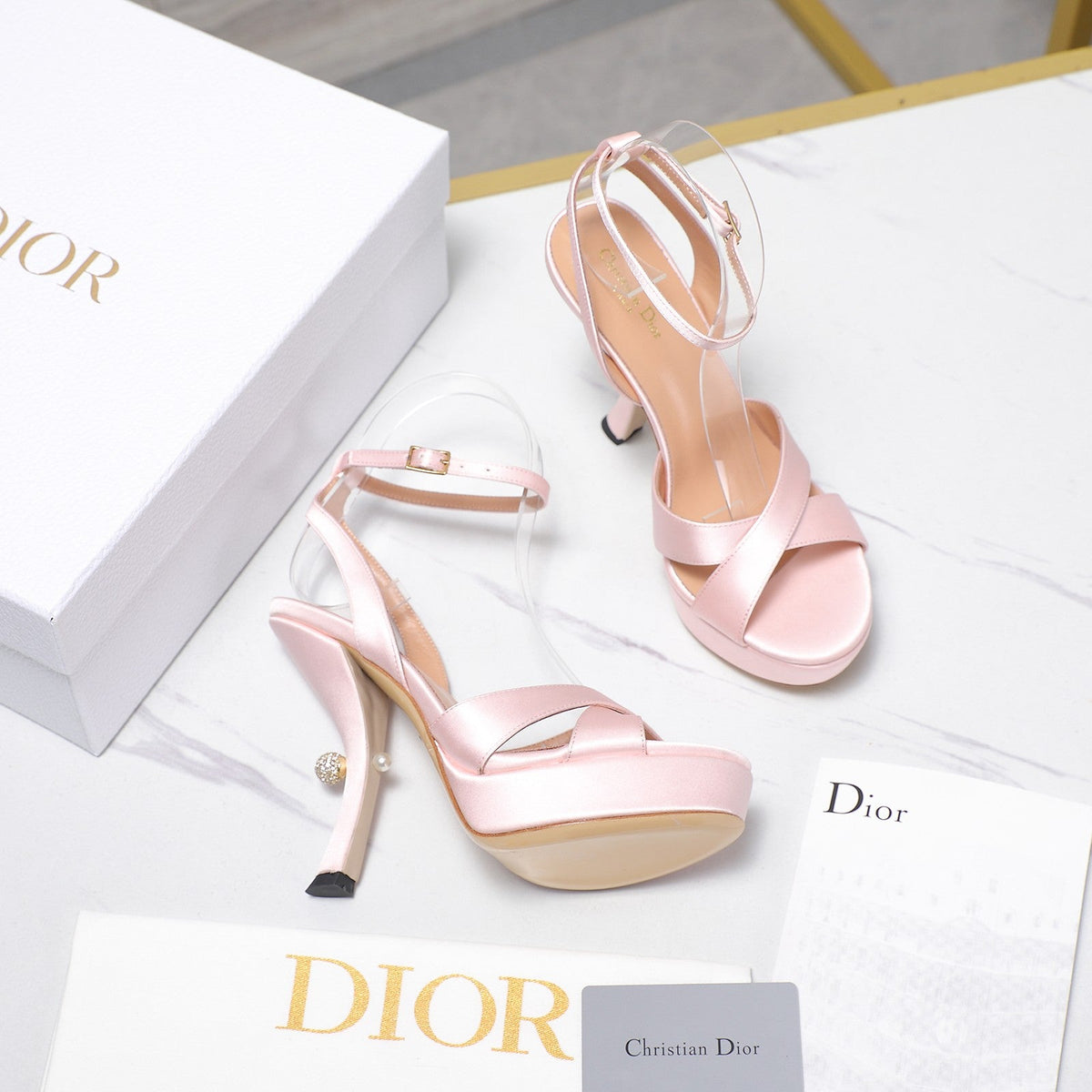 DIOR PEARL-EMBELLISHED HIGH HEEL SANDALS 25S 115 MM IN LIGHT PINK SATIN