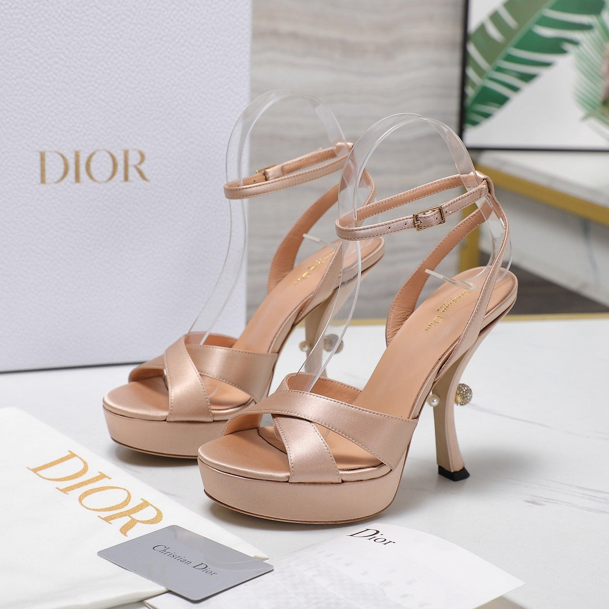 DIOR PEARL-EMBELLISHED HIGH HEEL SANDALS 25S 115 MM IN BEIGE SATIN