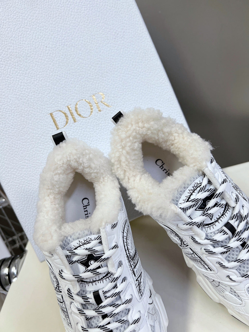 DIOR CHRONO SNEAKER 25S IN WHITE LAMBSKIN AND MESH FABRIC