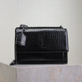 YSL 25S SUNSET MEDIUM 22 IN BLACK CROCODILE-EMBOSSED SHINY CALFSKIN BLACK HARDWARE