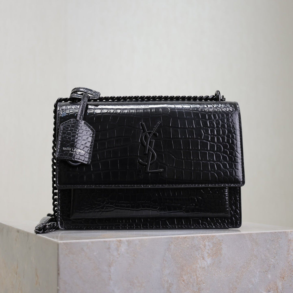 YSL 25S SUNSET MEDIUM 22 IN BLACK CROCODILE-EMBOSSED SHINY CALFSKIN BLACK HARDWARE